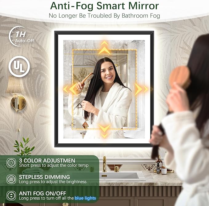 30x36 Black Framed Led Bathroom Mirror with Lights, Front Lit and Backlit, Lighted Vanity Mirror for Bathroom Wall, Anti-Fog, Dimmable, 3 Colors, Memory, HD Tempered Glass