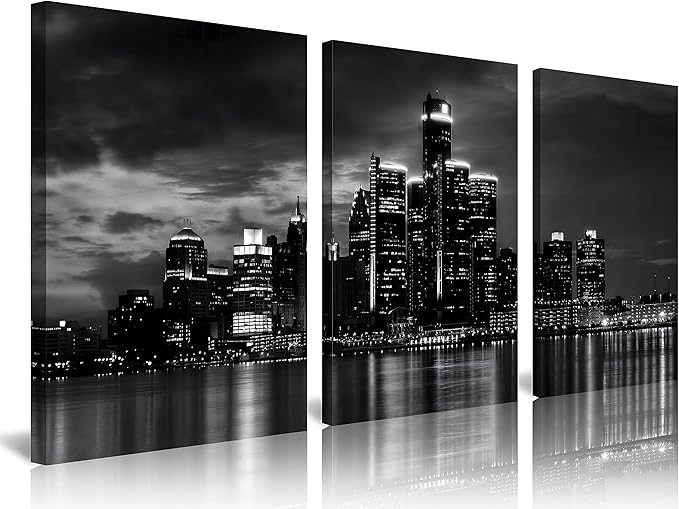 NAN Wind 3 Pcs Wall Art Beautiful Detroit Skyline Black & White Canvas Art Paintings For Room Decor Cityscape Skyscrapers Night Scene Picture Prints On Canvas For Home Decor Modern Giclee Framed