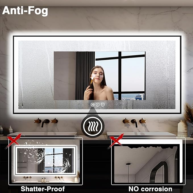 Large 84x40 Light Up Bathroom Mirror - Black Aluminum Edge (Front and Backlit), Anti-Fog Vanity Mirror with Stepless Dimmable Lights, 3 Colors Smart Mirror