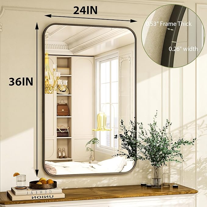24 x 36 Inch Bathroom Mirror, Rounded Rectangular Vanity Mirror for Wall, Modern Mirror for Room Decor, Black Framed Wall-Mounted Mirrors for Home Decor, Hangs Horizontally or Vertically