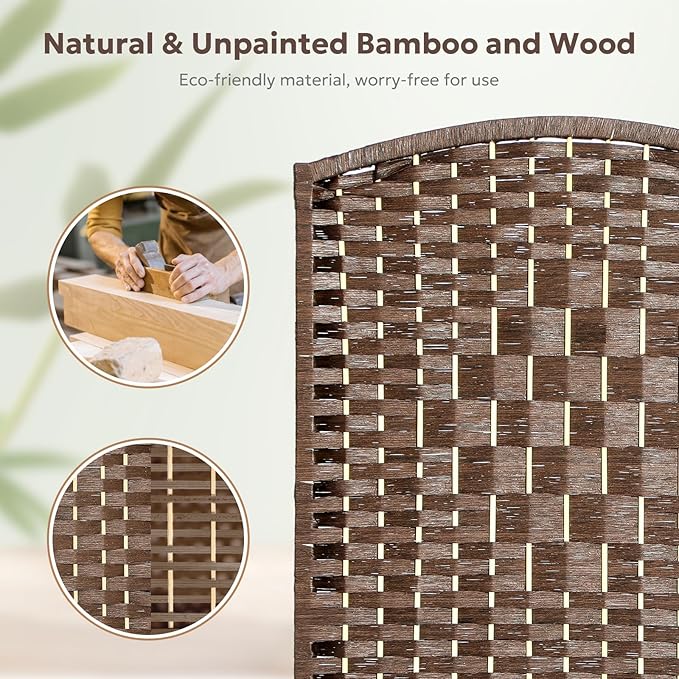JOSTYLE Room Divider 6FT Folding Wall Divider for Room Separation Portable Privacy Screen Hand-Made Freestanding Room Partition Dividers, 2-in-1 Multifunction Room Divider Panel (Brown, 4 Panel)