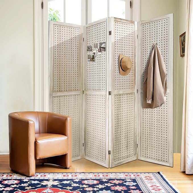 4 Panel Room Divider with Pegboard Display 5.6FT Wood PegBoard Room Dividers, Folding Privacy Screens Portable Freestanding Partition Wall Divider for Art Shows & Room Separation, Natural Wood