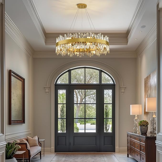 Modern Crystal Chandelier, 16-Lights Round Chandelier for Dining Room 2 Tiers, 32'' Gold Adjustable Raindrop Chandeliers for Bedroom, Dining Chandeliers Over Table for Living Room, Bathroom