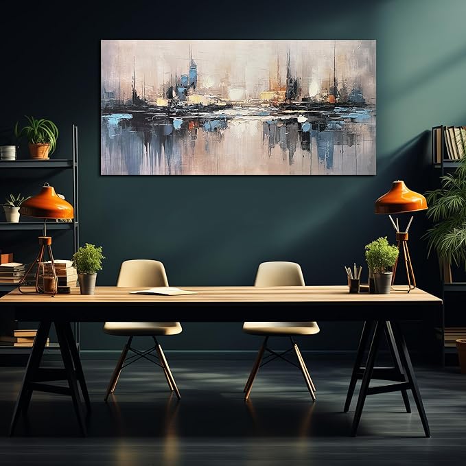 Large Abstract Canvas Wall Art for Living Room Blue Pictures Wall Decor for Bedroom Vintage City Home Office Decor 29 x 58 inches