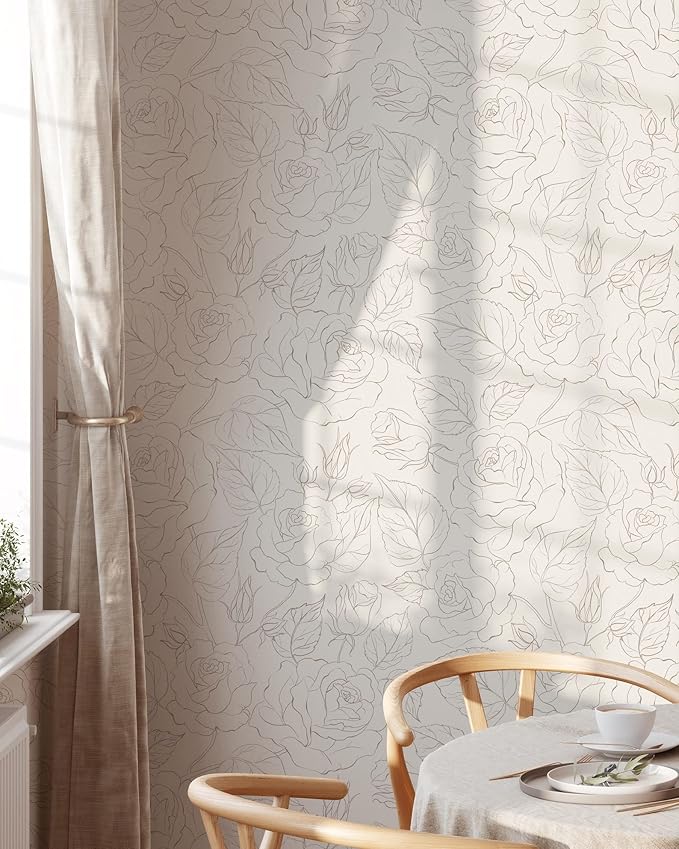 Boho Roses Removable Self Adhesive Minimalistic Wallpaper | Floral Peel and Stick (1 Roll 24" W x 60" H)