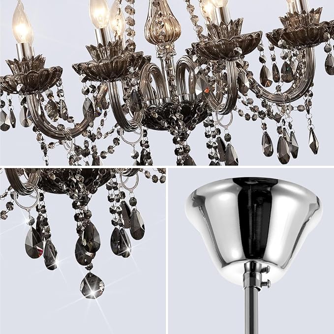 Luxurious Smoky Gray Crystal Chandelier for Living Room, Antique 6-Lights Teardrop Candle Chandelier Pendant Ceiling Lighting Fixture for Kitchen Dinner Party Closet Entryway of CRYSTOP
