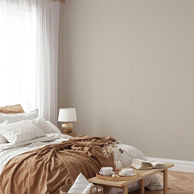 20.8" x 196.8" Grasscloth Wallpaper, Beige Textured Peel and Stick Wallpaper for Decor Bedroom Kitchen Cabinet