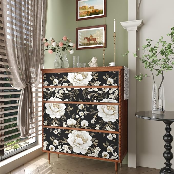 Boho Wallpaper Peel and Stick Dark Floral Wallpaper for Cabinet 17.5in x118in Vintage Contact Paper Waterproof Self Adhesive Modern Flowers Leaf Wall Paper for Room Walls Bathroom Decor