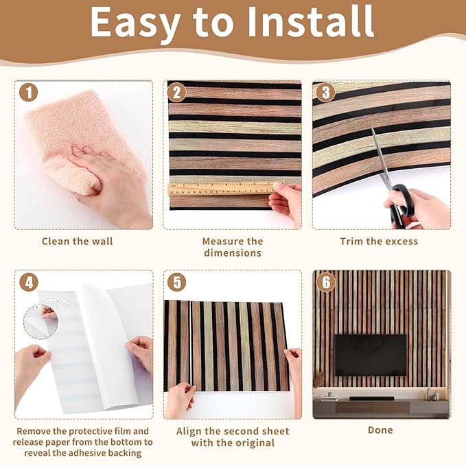 30 Pcs Faux Wood Slat Wall Panel Peel and Stick 11.8"x11.8" Peel and Stick Wood Tiles Ultralight PVC Wall Paneling for Bedroom, Bathroom, Kitchen Backsplash, Farmhouse Interior Decor