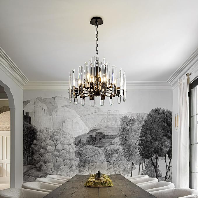 24" Black Chandelier, 12-Light Round Modern Crystal Chandelier for Dining Room, Luxury Adjustable Chain Chandeliers Pendant Light Fixture for Living Room, Bedroom, Foyer, Entryway, Kitchen