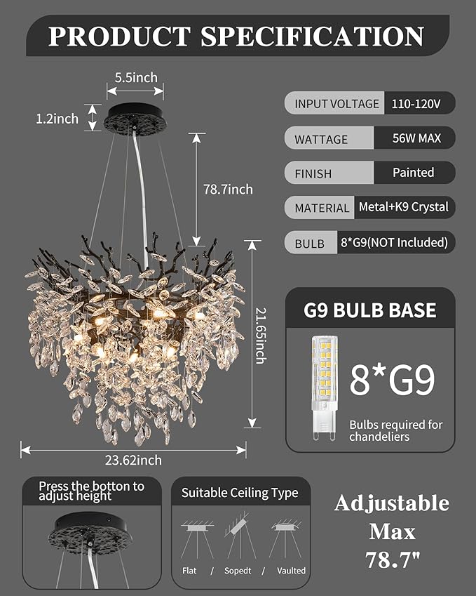Modern Crystal Chandelier for Dining Room, 23.62" Black Tree Branch Chandeliers, 8-Light Luxury K9 Crystal Round Chandeliers for Kitchen Island Living Room