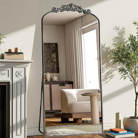 Arched Full Length Mirror, 71"x32" Full Body Mirrors with Carved, Floor Mirror for HomeDecor, Standing/Halling Large Wall Mirror for Bedroom, Living Room, Cloakroom, Black, Retro Style