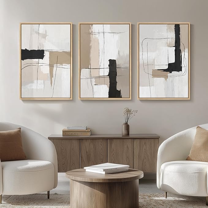 Large Framed Neutral Abstract Wall Art Set of 3, Modern Black and White Beige Canvas Prints Paintings Artwork for Walls, Minimalist Pictures for Living Room, Bedroom, Dining Room Wall Decor 20x30 In