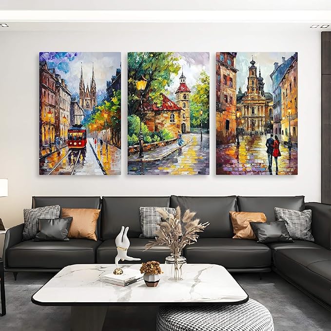 Kewhush European Town Canvas Wall Art, Colorful City Street Canvas Prints, Europe City Wall Art, Set of 3 Abstract Poster, Landscape Artwork, Romantic Decor for Living Room (24" x 36" x 3 pcs)