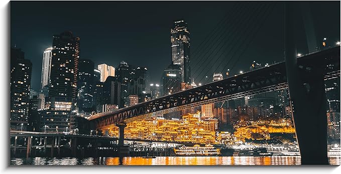 NAN Wind 1PCS Chongqing City Nightscape Canvas Wall Art Illuminated Chinese Skyline with Bridge Skyscrapers Modern Urban Landscape Photography Print for Living Room Office Bedroom Decor