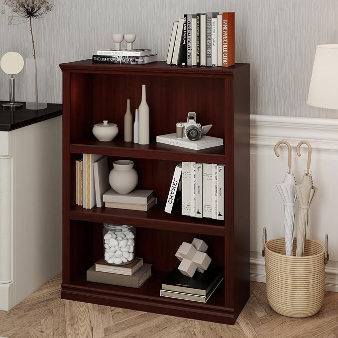 43 in Tall Bookcase, 3-Tier Bookshelf Open Storage, 33 inch Wide Floor Standing Indoor Furniture, Book Cases for Home School Library Office Bedroom Kids, Mahogany 3 Tiers