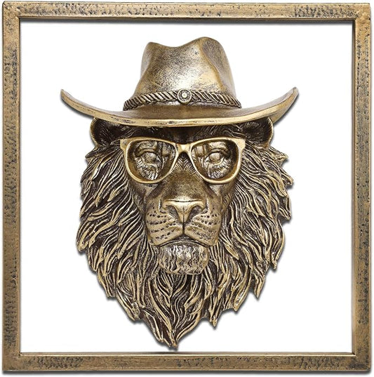JJALIGHTS Exquisite Resin Animal Head Wall Sculpture (Gift Metal Frame) - Imitation Copper Vintage Decor for Living Room, Bedroom & Office | Decorative Wall Hanging Art (Lion)