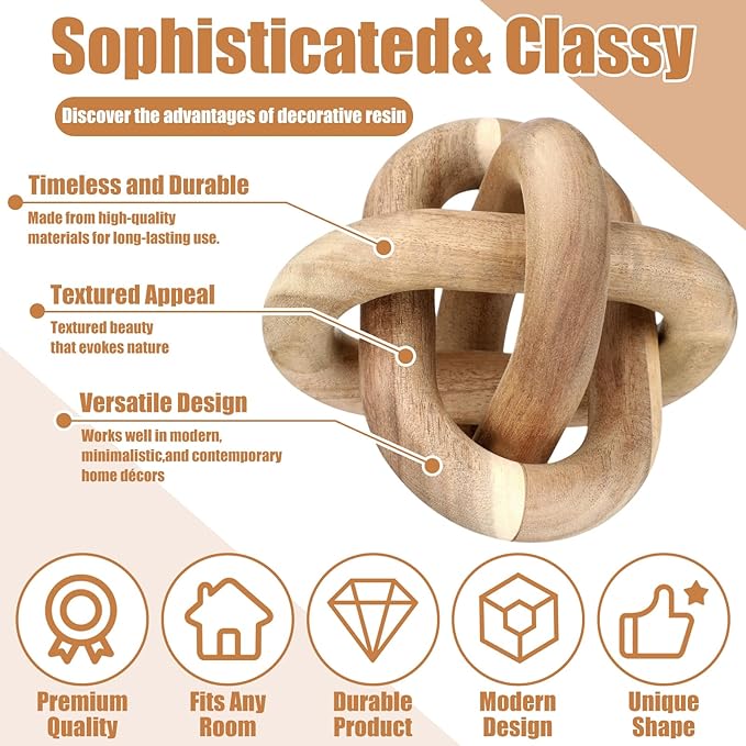 3 Link Wood Knot Decor - Hand Carved Coffee Table Decoration, Boho Chain Link Decor, Modern Shelf, Rustic Objects for Home Living Room Bedroom (Acacia Wood)