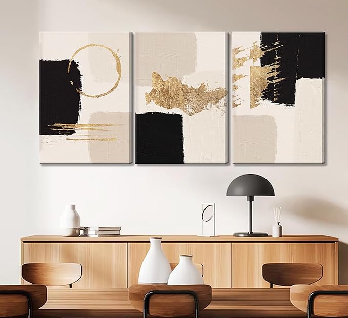 3pcs Framed Black Gold Abstract Wall Art Bohemian Simple Geometric Canvas Poster Print Modern Beige Picture Painting Wall Decor for Living Room Bedroom Office Decoration