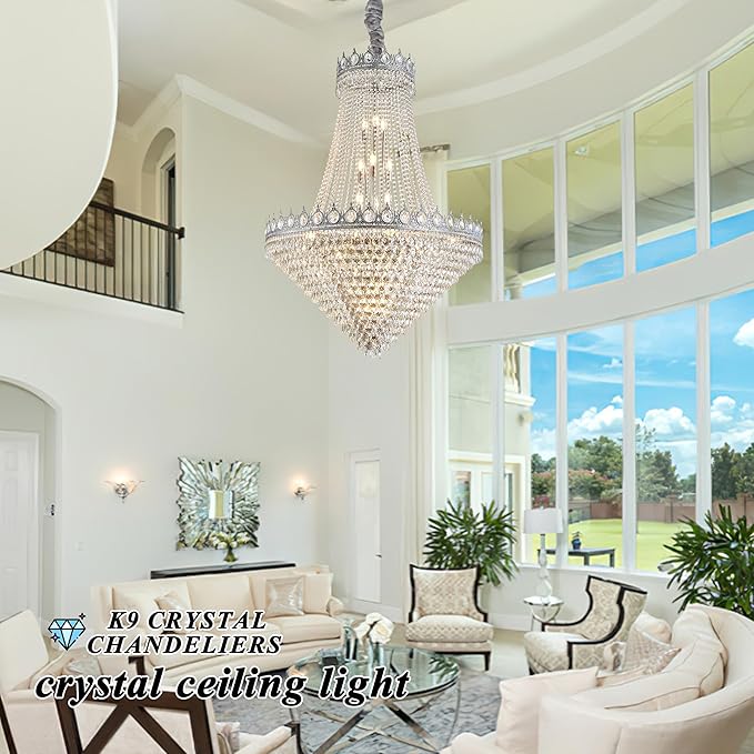 KoKo&Yukina 32" Modern Brushed Nickel Crystal Chandelier - French Empire Round Large High Ceiling Sloped Hanging for Hallway Staircase