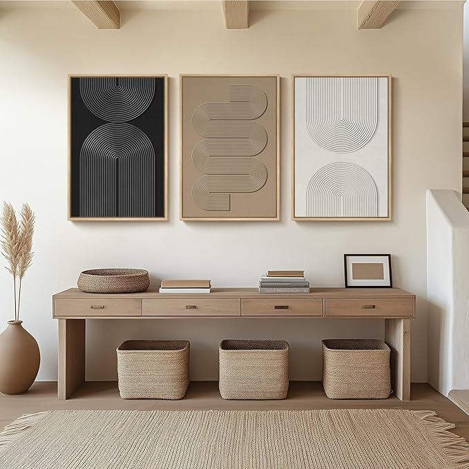 Large 3D Textured Framed Boho Neutral Abstract Wall Art for Living Room, 3 Piece Modern Paintings Artwork for Walls, Black White Brown Minimalist Geometric Pictures for Hallway Office Wall Decor 24x36 In