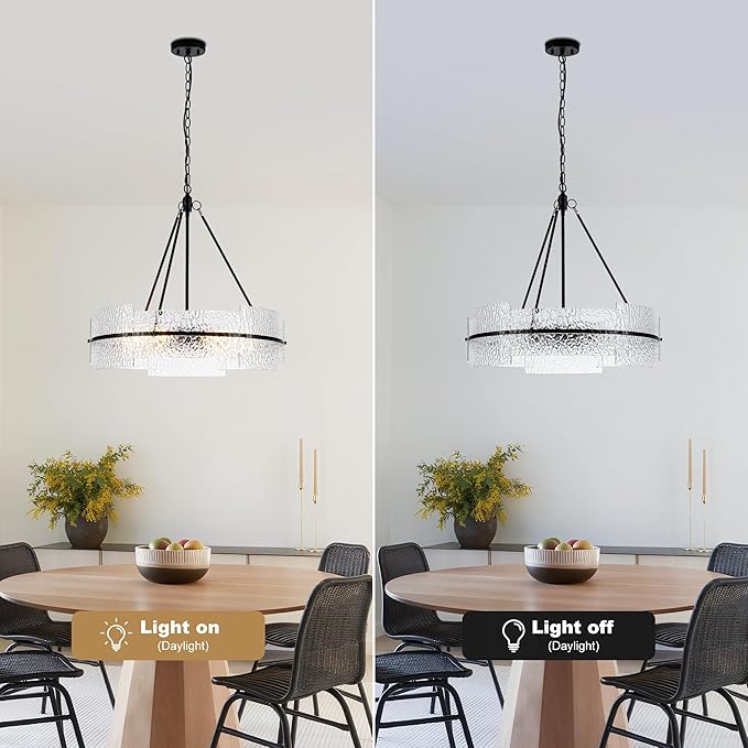 MAYNA Modern Dining Room Chandelier 25.6” Black Textured Glass Chandelier Luxury Drum Crystal Light Fixture Farmhouse Round Hanging Lighting for Dining Room Kitchen Island Living Room Hallway Bedroom