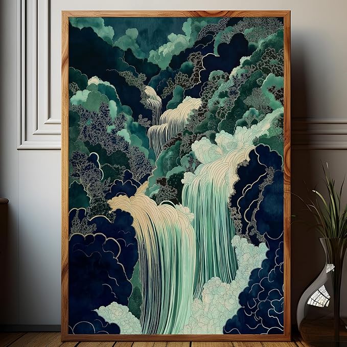Mountain River Wall Art Japanese Waterfall Painting Abstract Forest Art Poster Blue And Green Abstract Canvas Japanese Style Print Blue And Green Landscape Wall Art Waterfall Artwork 16x24in No Frame