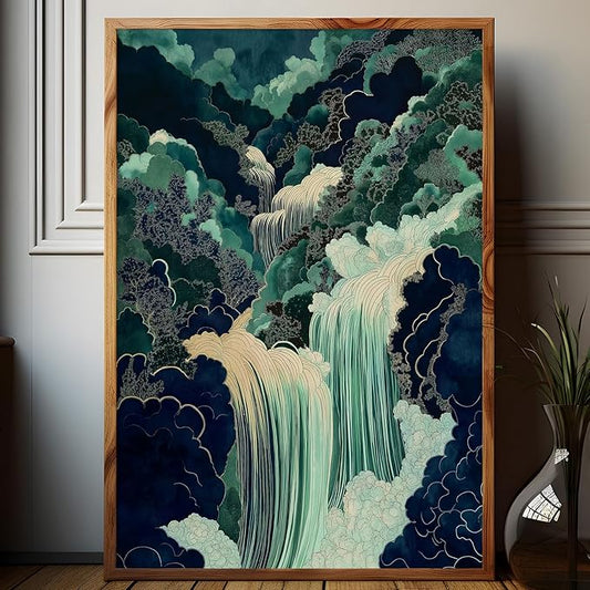 Mountain River Wall Art Japanese Waterfall Painting Abstract Forest Art Poster Blue And Green Abstract Canvas Japanese Style Print Blue And Green Landscape Wall Art Waterfall Artwork 16x24in No Frame
