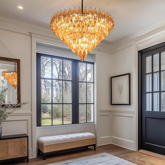 Modern Crystal Chandelier, 36" Luxury Black Round Amber Glass 8-Tier Chandelier for Dining Room, Large Bronze 20-Light Tiered Chandeliers Light Fixture for Living Room, Bedroom, Entryway, Staircase