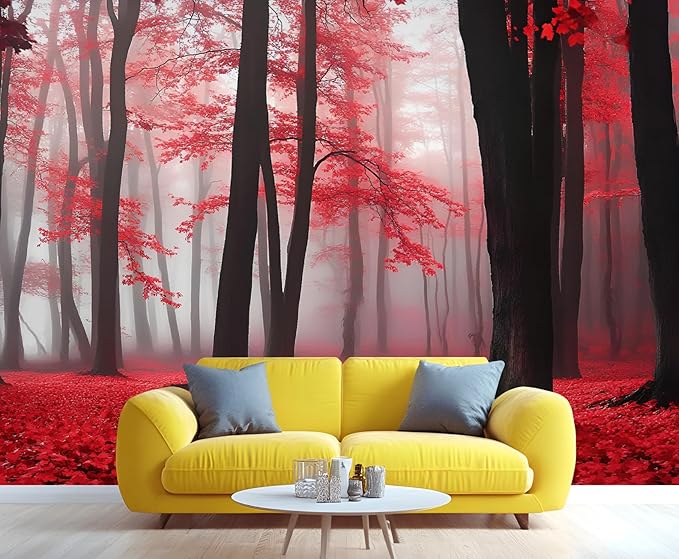 Misty Forest Mural Wallpaper, Red Forest Murals, 3D Natural Landscape Murals Wallpaper for Living Room Bedroom Home Decor Mural - 55" W x 28" H (Not Peel Stick)