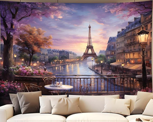 QGHOT Vintage Paris Tapestry Wall Hanging Eiffel Tower Backdrop French Themed Cityscape Tapestry Cafe Decor Romantic City Wall Art for Bedroom Paris Theme Party Decorations 90.6"x70.9"