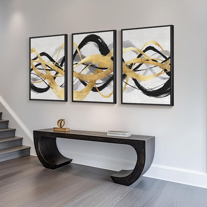 Large Framed Black White Gold Abstract Canvas Wall Art for Living Room, 3 Piece Modern Prints Paintings Artwork for Walls, Black Gold Spiral Line Pictures for Hallway Dining Office Wall Decor 24x36 Inch