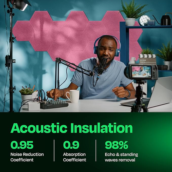 Acoustic Panels 12-Pack Soundproof Wall Panels 12"X10.4"X0.4" Sound Panels High Density Sound Dampening Panels - [Chic Pink Hexagon]