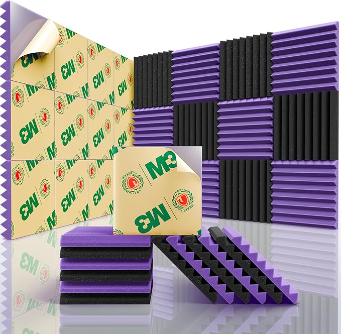 Acoustic Panels Upgrade Self-Adhesive 12pack,1" X 12" X 12" Sound Proof Foam Panels for walls Quick-Recovery,Sound Panels 35kg/m³High Density,Soundproof Wall Panels for wall Decor,Black&Purple