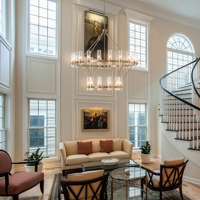 Large Wagon Wheel Chandelier, 30 Light Gold Round Chandelier with Glass Shade,60 Inch Round Industrial High Ceilings Pendant Lighting Fixture for Dining Living Room, Kitchen Island, Foyer