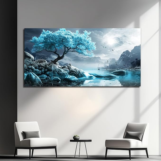 KELIYUAN Large Wall Art For Living Room Canvas Wall Decor Bedroom Blue Tree Landscape Wall Paintings Black And White Pictures Office Mural Framed Prints Artwork Modern Home Decorations 30x60in