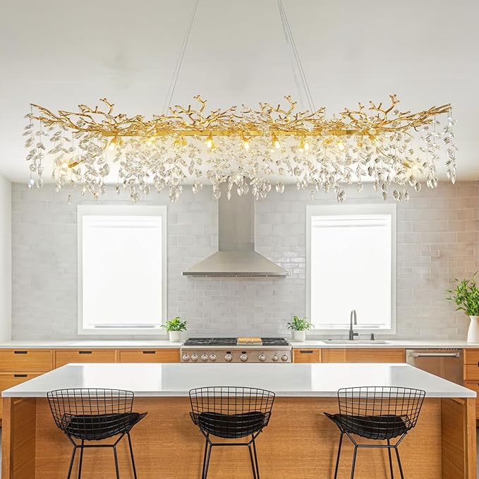 71" Modern Crystal Chandelier, 20-Light Gold Tree Branch Chandelier, Luxury Rectangular K9 Crystal Raindrop Chandeliers for Dining Room, Kitchen Island, Living Room, Contemporary Pendant Light Fixture