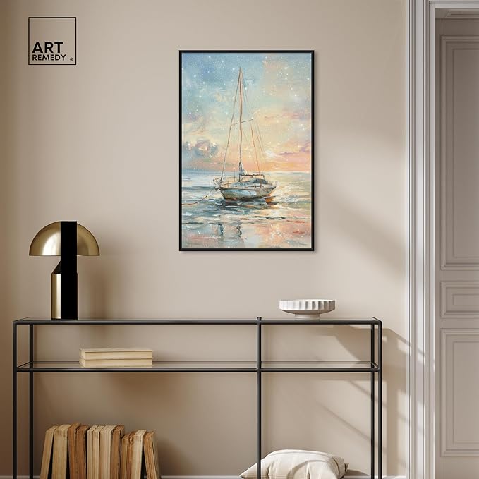 Art Remedy Boat On The Shore Framed Sailing 1 Piece Canvas Wall Art, 21" x 31", Black Frame