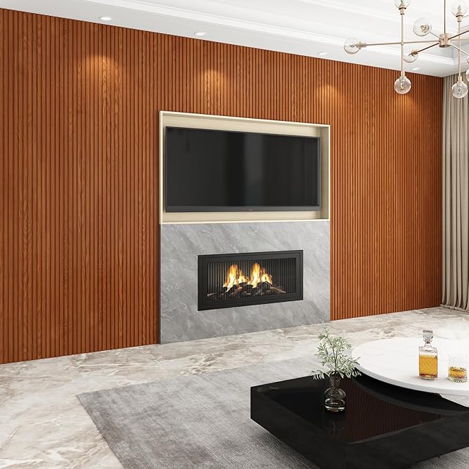 8-Pack WPC Wall Panels 108’’ x 6.3’’ 3D Slat Wall Panel Acoustic Wall Paneling for Interior Wall Decor TV Background Kitchen Bedroom Teak