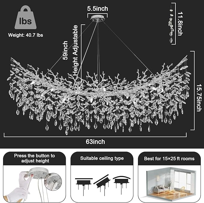 Modern Crystal Chandelier, 63" Large Rectangular Chandeliers for Dining Room Silver Tree Branch Chandeliers Over Table, 16 Lights High Ceiling Chandelier for Living Room Foyer