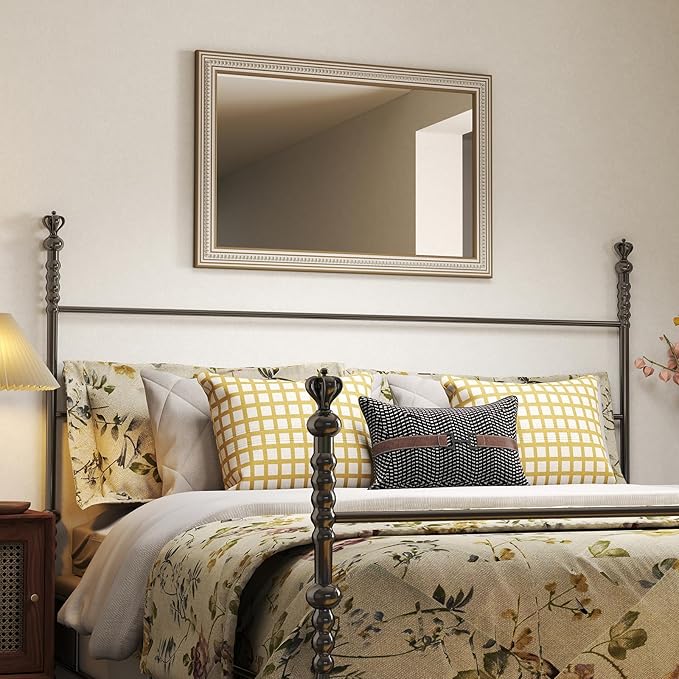 36x24 Inch Farmhouse Wooden Rectangle Mirrors for Wall with Beaded, Boho Decorative Rectangular Mirror for Bathroom, Living Room, Entryway, Foyer (Horizontal/Vertical Mount)