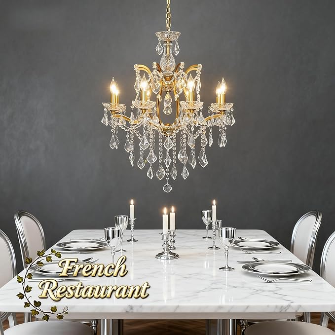 Antique Gold Crystal Chandeliers, Candle Pendant Ceiling Light Fixture 8-Lights Luxury Polished Golden Bronze Crystal Chandelier Adjustable Chain for Dining Living Room Foyer Hallway