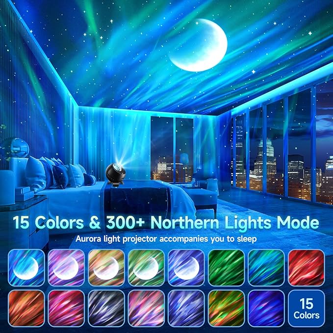 Northern Galaxy Light Projector, 300+Modes & 5 Films Star Projector, 15 White Noise & Bluetooth Northern Lights Projector,Moon Aurora Light Projector, Gifts Star Lights for Ceiling, Bedroom Decor
