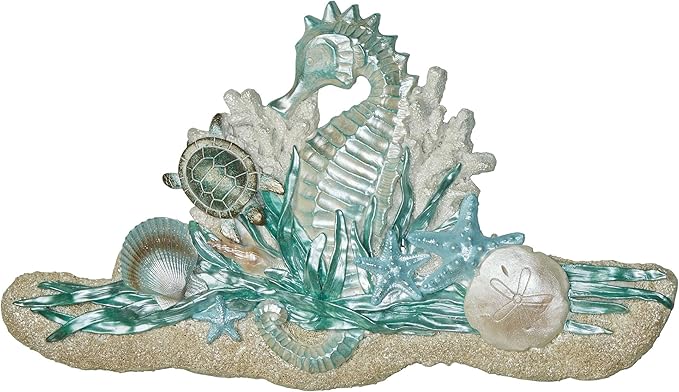 Coastal Seahorse and Sea Turtle Wall Art Plaque | Handpainted Pearlescent Metallic Ivory, Cool Blue, & Green Hues | Ocean Sealife, Coral Reef, and Seashells on Textured Sand Decorative Wall Sculpture