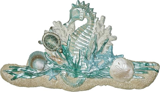 Coastal Seahorse and Sea Turtle Wall Art Plaque | Handpainted Pearlescent Metallic Ivory, Cool Blue, & Green Hues | Ocean Sealife, Coral Reef, and Seashells on Textured Sand Decorative Wall Sculpture