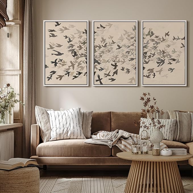 MUDECOR Framed Wall Art Print Set Minimalist Subtle Birds in Motion Illustrations Modern Art Boho Decorative Colorful Chic for Living Room, Bedroom, Office - 16"x24"x3 White