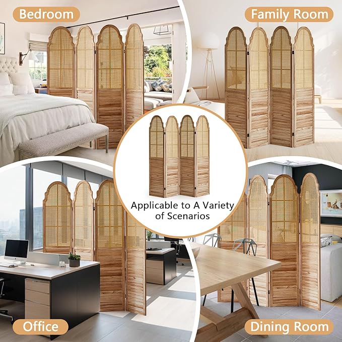 4 Panel Rattan Room Divider Panel, 5.6Ft Partitions and Dividers, Louvered Partition Divider, Room Dividers Screen, Solid Wood Frame, Folding Screen, Bedroom, Family Room, Light Brown