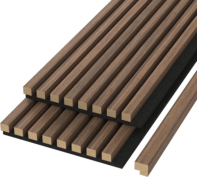 Modern 94” L x 11.25” W Acoustic Slat Wall Panels with End Cap – Wood Sound-Dampening Wall Treatment for Home, Office & Studio – 2-Piece Decorative Noise-Reducing Wall Panel Set (Dark Chestnut)