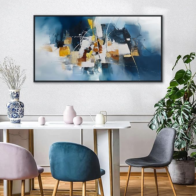 Abstract Canvas Wall Art Navy Blue Wall Art for Living Room Framed Modern Artwork for Walls, Above Bed Wall Decor Navy and Gold for Bedroom and Living Room Office Pictures Wall Decor 20×40IN