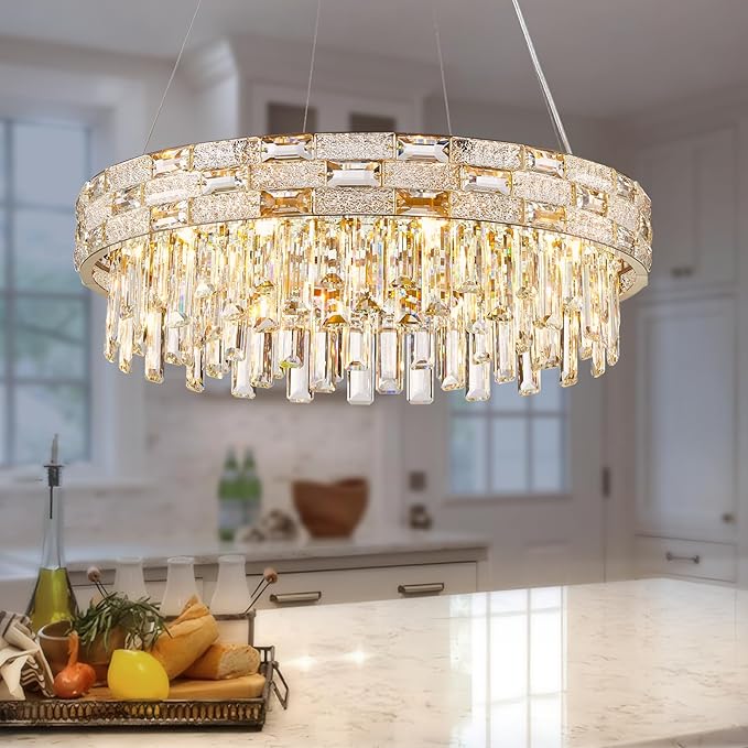 Modern Crystal Chandelier,8-Light Gold Chandelier Light Fixture Luxury K9 Crystal Oval Pendant Ceiling Light Fixture for Dining Living Room Kitchen Island Bar (D22.8Inch)